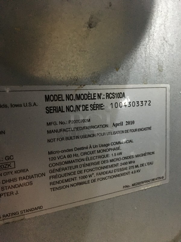 Amana Commercial Countertop Microwave Oven! With View Through Door! Model RCS10DA Serial 1004303372! 120V! - Image 7 of 8