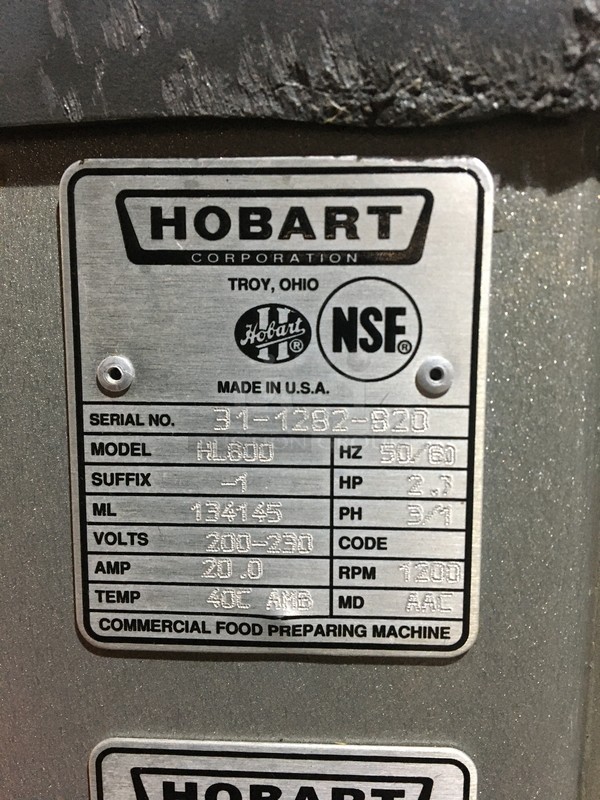 Hobart Commercial Floor Style 60 Quart Planetary Mixer! With Stainless Steel Bowl & Bowl Guard! With Dough Hook Attachment! Model HL600 Serial 311282820! 200/230V 1/3Phase! Damaged From Shipping! Not Tested!  - Image 9 of 10
