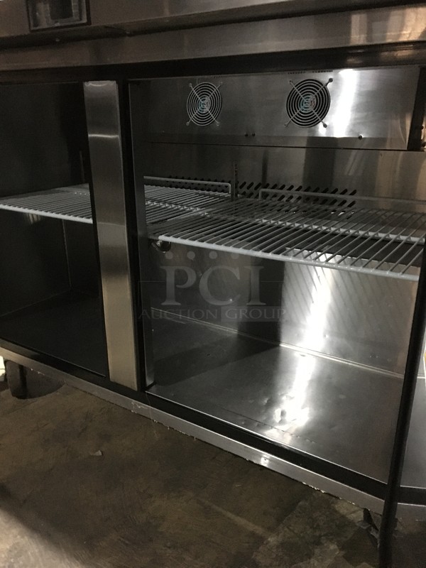Atosa Commercial Refrigerated Sandwich Prep Table! With 2 Door Underneath Storage Space! With Poly Coated Racks! With Commercial Cutting Board! With Overhead Serving Shelf! All Stainless Steel! Model MSF8302GR Serial MSF8302GRAUS100317042600C40036! 115V 1Phase! On Commercial Casters! - Image 6 of 12