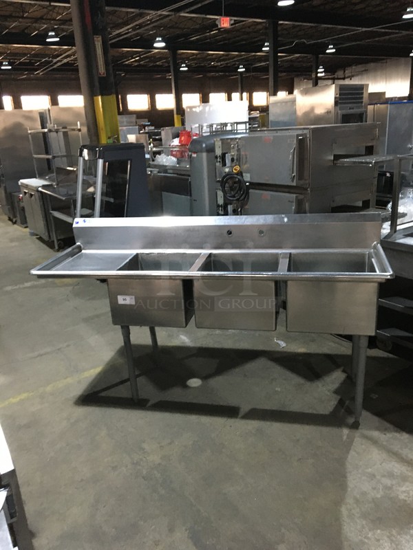 Universal Commercial 3 Compartment Sink! With Backsplash! With Left Side Drainboard! All Stainless Steel! On Legs! 