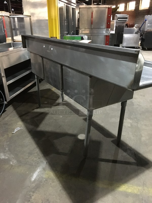 Universal Commercial 3 Compartment Sink! With Backsplash! With Left Side Drainboard! All Stainless Steel! On Legs!  - Image 4 of 7