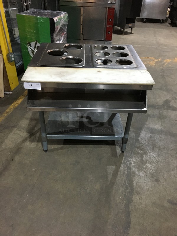 Eagle Commercial Natural Gas Powered 2 Well Steam Table! With Removable Soup Inserts! With Underneath Storage Space! With Commercial Cutting Board! All Stainless Steel! On Legs!
