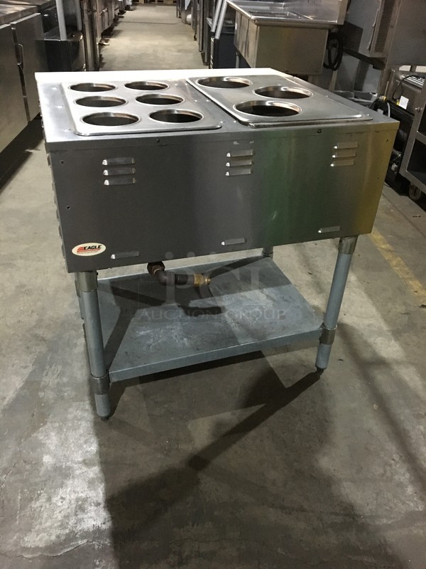 Eagle Commercial Natural Gas Powered 2 Well Steam Table! With Removable Soup Inserts! With Underneath Storage Space! With Commercial Cutting Board! All Stainless Steel! On Legs! - Image 4 of 11