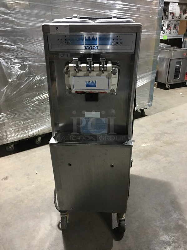 Taylor Commercial Floor Style 3 Flavor Soft Serve Ice Cream Machine! All Stainless Steel! Model 79433 Serial K8025798! 208/230V 3Phase! On Commercial Casters! Working When Removed!