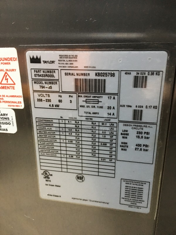 Taylor Commercial Floor Style 3 Flavor Soft Serve Ice Cream Machine! All Stainless Steel! Model 79433 Serial K8025798! 208/230V 3Phase! On Commercial Casters! Working When Removed! - Image 8 of 9