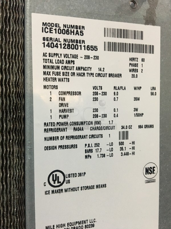 Ice-O-Matic Commercial Ice Making Machine! On Ice Bin! All Stainless Steel! Model ICE1006HA5 Serial 14041280011655! 208/230V 1Phase! On Legs! 2 X Your Bid! Makes One Unit! - Image 6 of 7