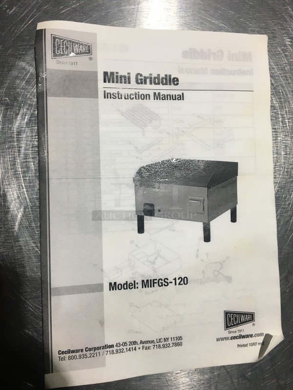 WOW! NEW IN THE BOX! Cecilware Commercial Countertop Flat Griddle! With Back & Side Splashes! All Stainless Steel! Model MIFGS120! On Legs! - Image 3 of 3