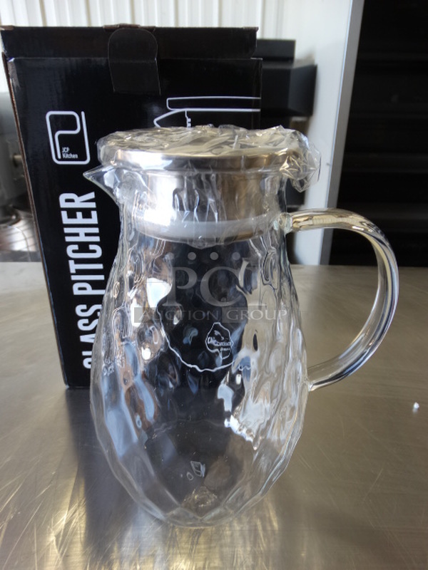 2 BRAND NEW IN BOX! JCP Kitchen Glass Pitcher w Chrome Finish Lid. 7x5x9. 2 Times Your Bid! - Image 1 of 5