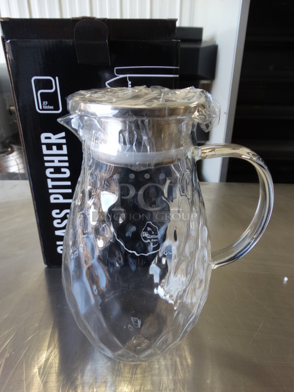 2 BRAND NEW IN BOX! JCP Kitchen Glass Pitcher w Chrome Finish Lid. 7x5x9. 2 Times Your Bid!