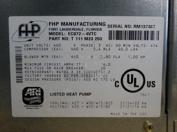 BRAND NEW! AWESOME! FHP Manufacturing Model ECO72-4VTC Metal Commercial Electric Powered Heat Pump. 460 Volts, 3 Phase. 43x36x61.5 - Image 5 of 5
