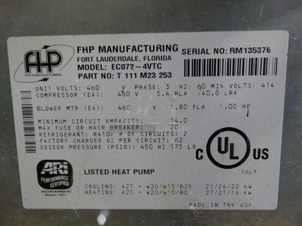 BRAND NEW! AWESOME! FHP Manufacturing Model ECO72-4VTC Metal Commercial Electric Powered Heat Pump. 460 Volts, 3 Phase. 43x36x61.5 - Image 5 of 6
