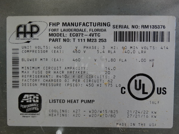 BRAND NEW! AWESOME! FHP Manufacturing Model ECO72-4VTC Metal Commercial Electric Powered Heat Pump. 460 Volts, 3 Phase. 43x36x61.5 - Image 6 of 6