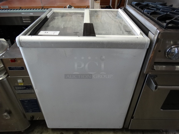 NICE! Metal Commercial Chest Freezer Merchandiser w/ 2 Sliding Lids on Commercial Casters. 25x25x34. Tested and Working!
