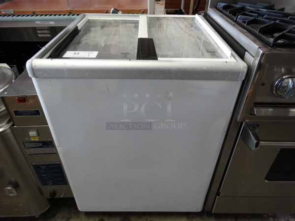 NICE! Metal Commercial Chest Freezer Merchandiser w/ 2 Sliding Lids on Commercial Casters. 25x25x34. Tested and Working! - Image 1 of 5