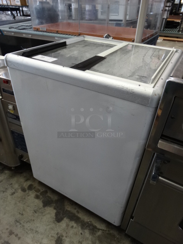 NICE! Metal Commercial Chest Freezer Merchandiser w/ 2 Sliding Lids on Commercial Casters. 25x25x34. Tested and Working! - Image 2 of 5