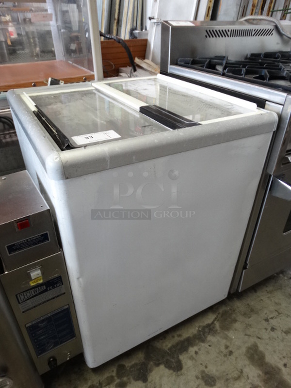 NICE! Metal Commercial Chest Freezer Merchandiser w/ 2 Sliding Lids on Commercial Casters. 25x25x34. Tested and Working! - Image 3 of 5