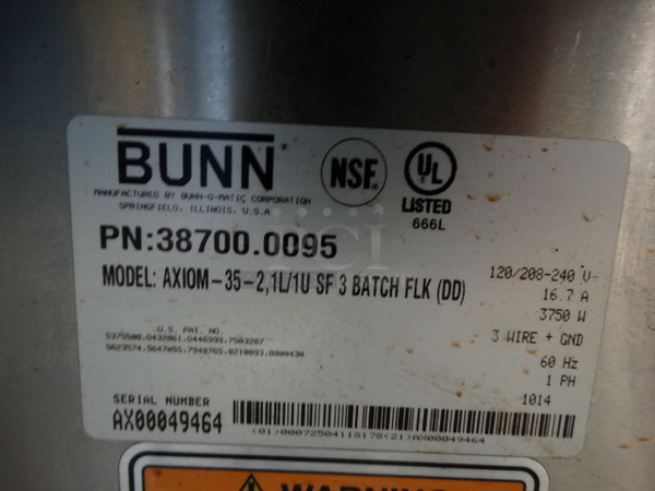 NICE! 2014 Bunn Model AXIOM-35-2 Stainless Steel Commercial Countertop 2 Burner Coffee Machine w/ Metal Brew Basket. 120/208-240 Volts, 1 Phase. 12x18x23 - Image 5 of 6