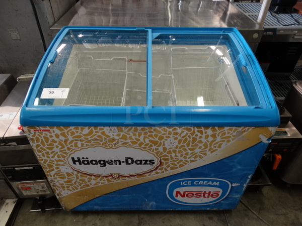 NICE! AHT Model RIOS 100 UL Metal Commercial Ice Cream Treat Freezer Merchandiser w/ Sliding Lids on Commercial Casters. 120 Volts, 1 Phase. 39x27x36. Cannot Test Due To Missing Power Cord