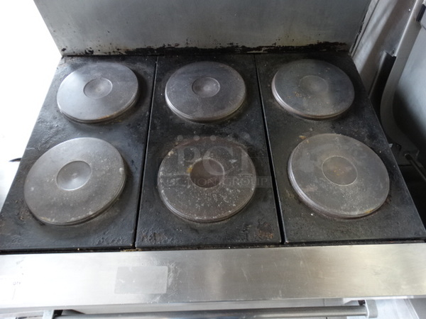 WOW! Vulcan Stainless Steel Commercial Electric Powered 6 Burner Hot Plate Range w/ Oven and Stainless Steel Overshelf on Commercial Casters. 36x30x60 - Image 2 of 7