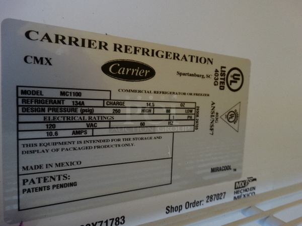 GREAT! Carrier Model MC1100 Metal Commercial 2 Door Reach In Cooler Merchandiser w/ Poly Coated Racks. 120 Volts, 1 Phase. 43x32x78. Tested and Working! - Image 6 of 6