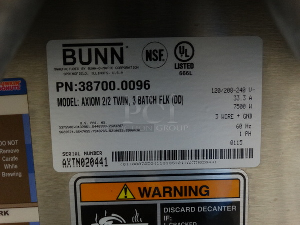 NICE! 2015 Bunn Model AXIOM 2/2 TWIN Stainless Steel Commercial Countertop 4 Burner Coffee Machine w/ 2 Metal Brew Baskets. 120/208-40 Volts, 1 Phase. 16x18x23 - Image 6 of 6