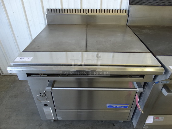 AWESOME! BRAND NEW! US Range Stainless Steel Commercial Gas Powered Flat Top w/ Lower Oven and Backsplash on Commercial Casters. 36x38x34 - Image 1 of 9