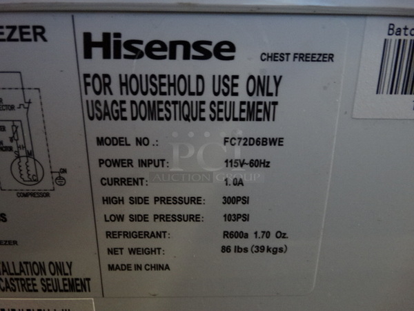 NICE! Hisense Model FC72D6BWE Chest Freezer w/ Hinge Lid. 115 Volts, 1 Phase. 37x21x33. Tested and Working! - Image 7 of 7