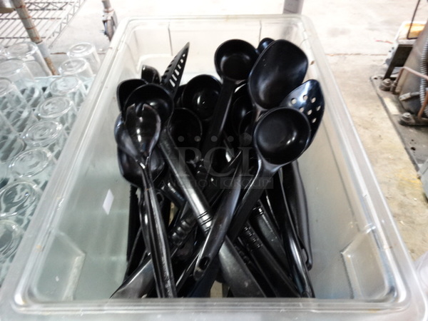 ALL ONE MONEY! Lot of Various Black Poly Spoons and Spoodles in Clear Bin!