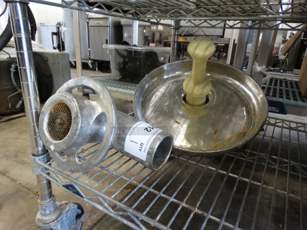 Metal Commercial Meat Grinder Attachment w/ Tray and Pusher. 9x7x12, 12x12x7 - Image 1 of 6