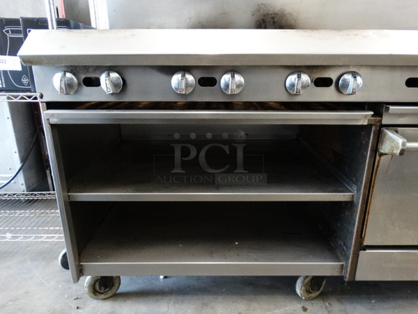 FANTASTIC! Jade Range Stainless Steel Commercial Gas Powered 6 Burner Range w/ Right Side Flat Top Griddle, Lower Oven and Stainless Steel Overshelf on Commercial Casters. 72x32x57 - Image 6 of 9