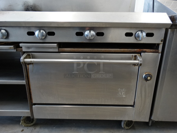 FANTASTIC! Jade Range Stainless Steel Commercial Gas Powered 6 Burner Range w/ Right Side Flat Top Griddle, Lower Oven and Stainless Steel Overshelf on Commercial Casters. 72x32x57 - Image 7 of 9