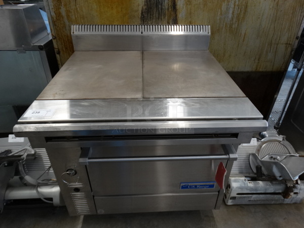 AWESOME! BRAND NEW! US Range Stainless Steel Commercial Gas Powered Flat Top w/ Lower Oven and Backsplash on Commercial Casters. 36x38x34 - Image 2 of 9