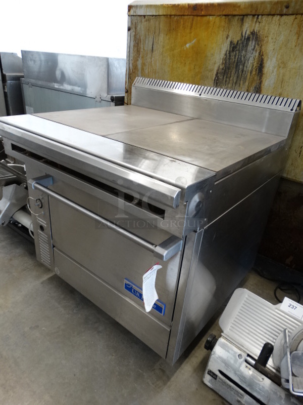 AWESOME! BRAND NEW! US Range Stainless Steel Commercial Gas Powered Flat Top w/ Lower Oven and Backsplash on Commercial Casters. 36x38x34 - Image 5 of 9