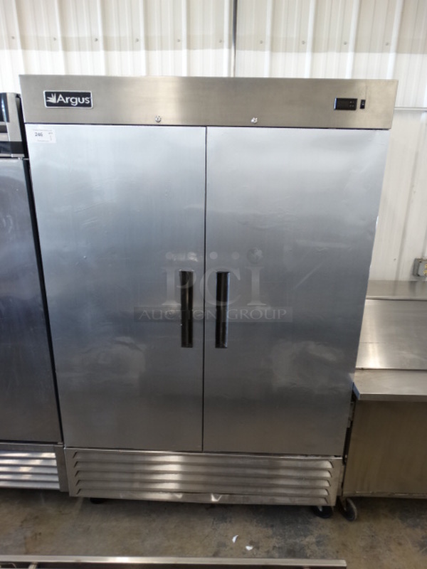 WOW! Argus Model EDRF-49 Stainless Steel Commercial 2 Door Reach In Freezer on Commercial Casters. 115 Volts, 1 Phase. 54x32x85. Tested and Working!