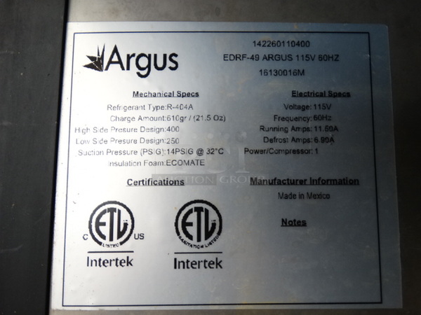 WOW! Argus Model EDRF-49 Stainless Steel Commercial 2 Door Reach In Freezer on Commercial Casters. 115 Volts, 1 Phase. 54x32x85. Tested and Working! - Image 5 of 7