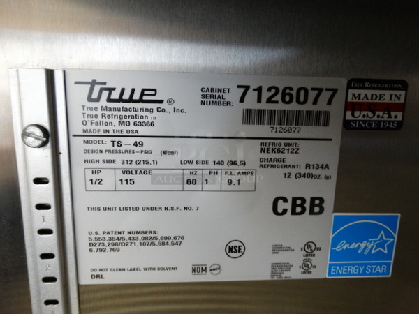 WOW! 2011 True Model TS-49 ENERGY STAR Stainless Steel Commercial 2 Door Reach In Cooler on Commercial Casters. 115 Volts, 1 Phase. 54x30x83. Tested and Working! - Image 4 of 6