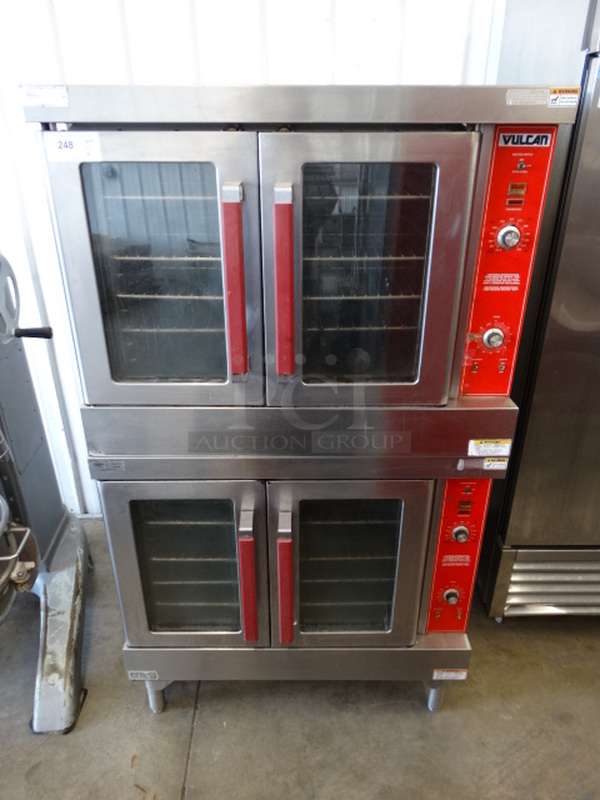 2 BEAUTIFUL! Vulcan Stainless Steel Commercial Gas Powered Full Size Convection Ovens w/ View Through Doors, Metal Oven Racks and Thermostatic Controls. 40x32x70. 2 Times Your Bid!