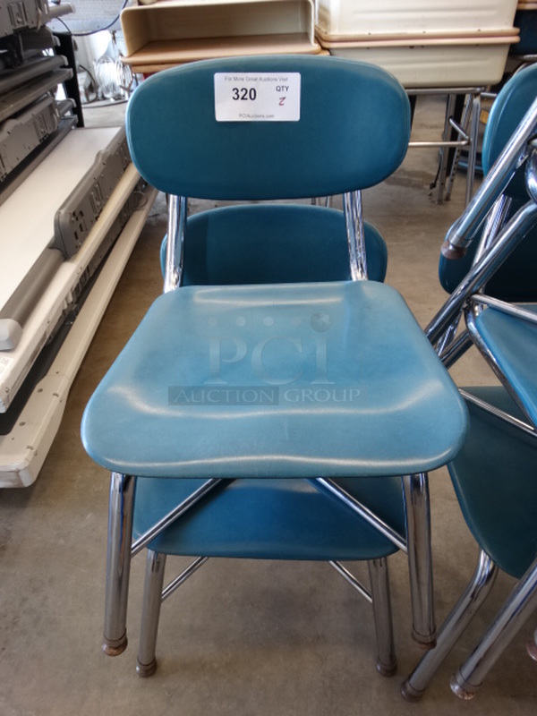 2 Metal Student Chairs w/ Blue Backrest and Seat and Chrome Finish Legs. 15x18x24. 2 Times Your Bid!