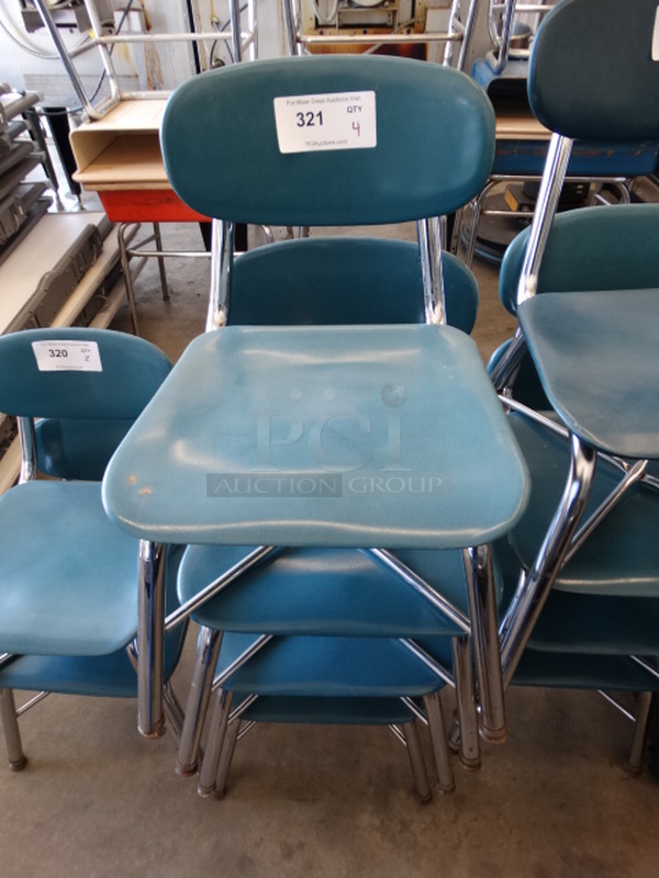 4 Metal Student Chairs w/ Blue Backrest and Seat and Chrome Finish Legs. 15x18x24. 4 Times Your Bid!