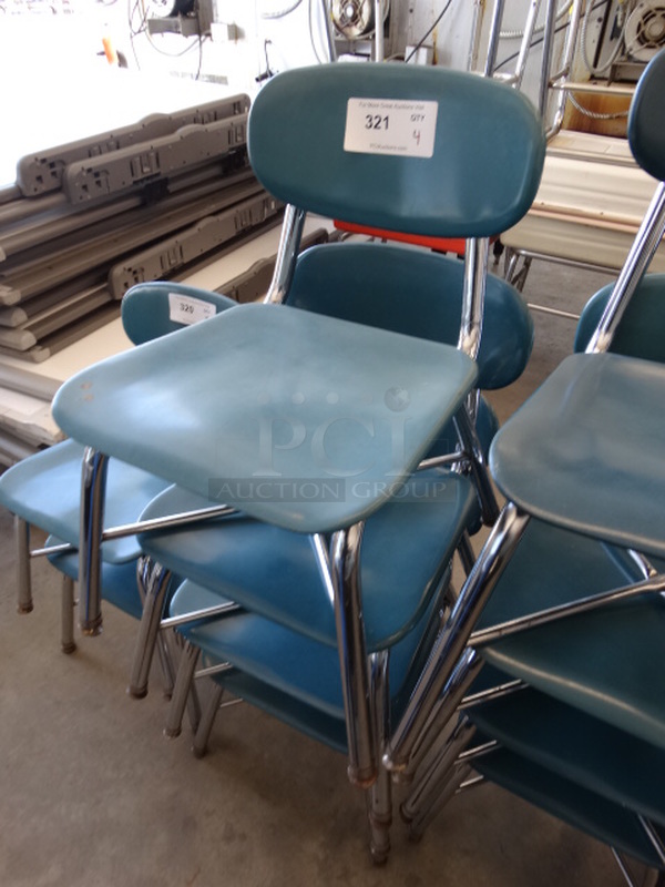 4 Metal Student Chairs w/ Blue Backrest and Seat and Chrome Finish Legs. 15x18x24. 4 Times Your Bid! - Image 3 of 3