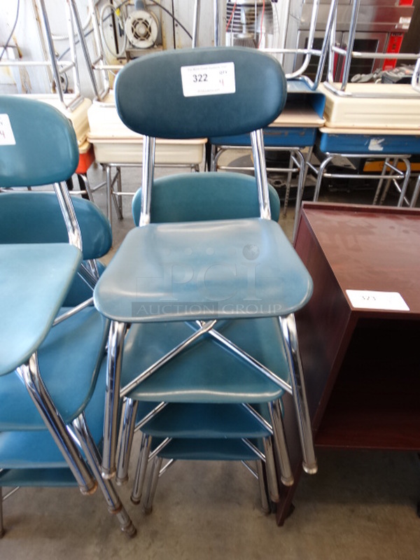 4 Metal Student Chairs w/ Blue Backrest and Seat and Chrome Finish Legs. 15x18x24. 4 Times Your Bid!