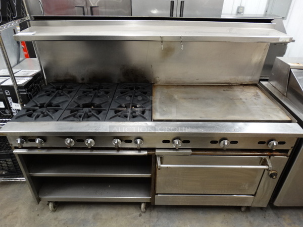 FANTASTIC! Jade Range Stainless Steel Commercial Gas Powered 6 Burner Range w/ Right Side Flat Top Griddle, Lower Oven and Stainless Steel Overshelf on Commercial Casters. 72x32x57