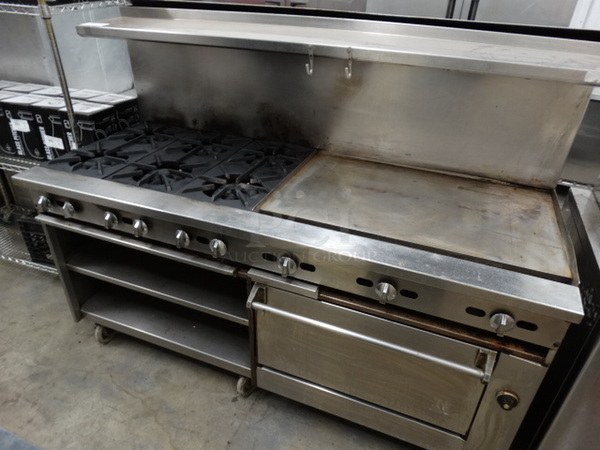 FANTASTIC! Jade Range Stainless Steel Commercial Gas Powered 6 Burner Range w/ Right Side Flat Top Griddle, Lower Oven and Stainless Steel Overshelf on Commercial Casters. 72x32x57 - Image 2 of 9