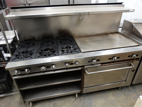 FANTASTIC! Jade Range Stainless Steel Commercial Gas Powered 6 Burner Range w/ Right Side Flat Top Griddle, Lower Oven and Stainless Steel Overshelf on Commercial Casters. 72x32x57 - Image 3 of 9