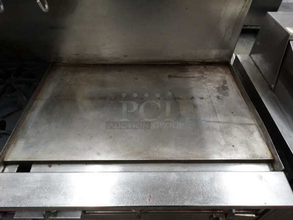 FANTASTIC! Jade Range Stainless Steel Commercial Gas Powered 6 Burner Range w/ Right Side Flat Top Griddle, Lower Oven and Stainless Steel Overshelf on Commercial Casters. 72x32x57 - Image 4 of 9