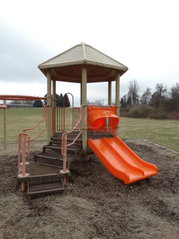 Tan and Orange Metal Playground Unit w/ 2 Slides, Stairs and Monkey Bars. BUYER MUST REMOVE. Item Is Located In Coatesville, PA - Winner Will Have Up To 2 Weeks To Remove. Address Will Be Given To the Winning Bidder After They Provide a Certificate of Insurance - Image 4 of 12