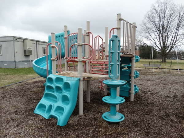 Gray, Blue and Orange Metal Playground Unit w/ Spiral Slide and 5 Various Climbing Entrances. BUYER MUST REMOVE. Item Is Located In Coatesville, PA - Winner Will Have Up To 2 Weeks To Remove. Address Will Be Given To the Winning Bidder After They Provide a Certificate of Insurance - Image 2 of 12