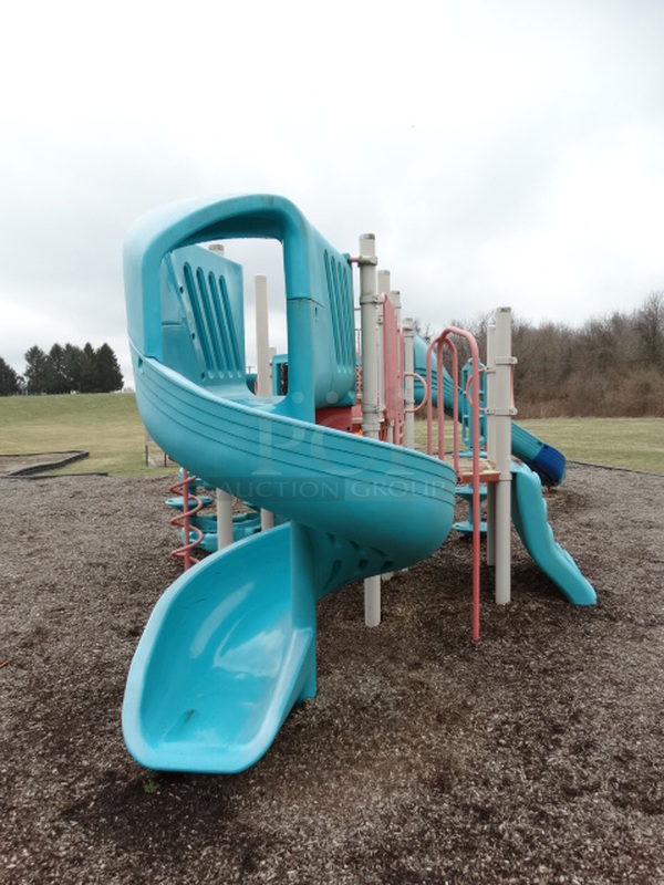 Gray, Blue and Orange Metal Playground Unit w/ Spiral Slide and 5 Various Climbing Entrances. BUYER MUST REMOVE. Item Is Located In Coatesville, PA - Winner Will Have Up To 2 Weeks To Remove. Address Will Be Given To the Winning Bidder After They Provide a Certificate of Insurance - Image 7 of 12