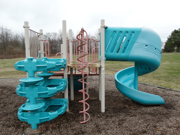 Gray, Blue and Orange Metal Playground Unit w/ Spiral Slide and 5 Various Climbing Entrances. BUYER MUST REMOVE. Item Is Located In Coatesville, PA - Winner Will Have Up To 2 Weeks To Remove. Address Will Be Given To the Winning Bidder After They Provide a Certificate of Insurance - Image 8 of 12