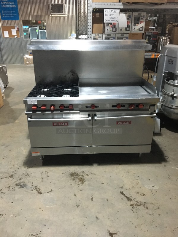 FABULOUS! Vulcan Commercial Natural Gas Powered 4 Burner Stove! With Right Side Flat Griddle! With Backsplash & Overhead Salamander Shelf! With 2 Full Size Oven Underneath! All Stainless Steel! On Legs!